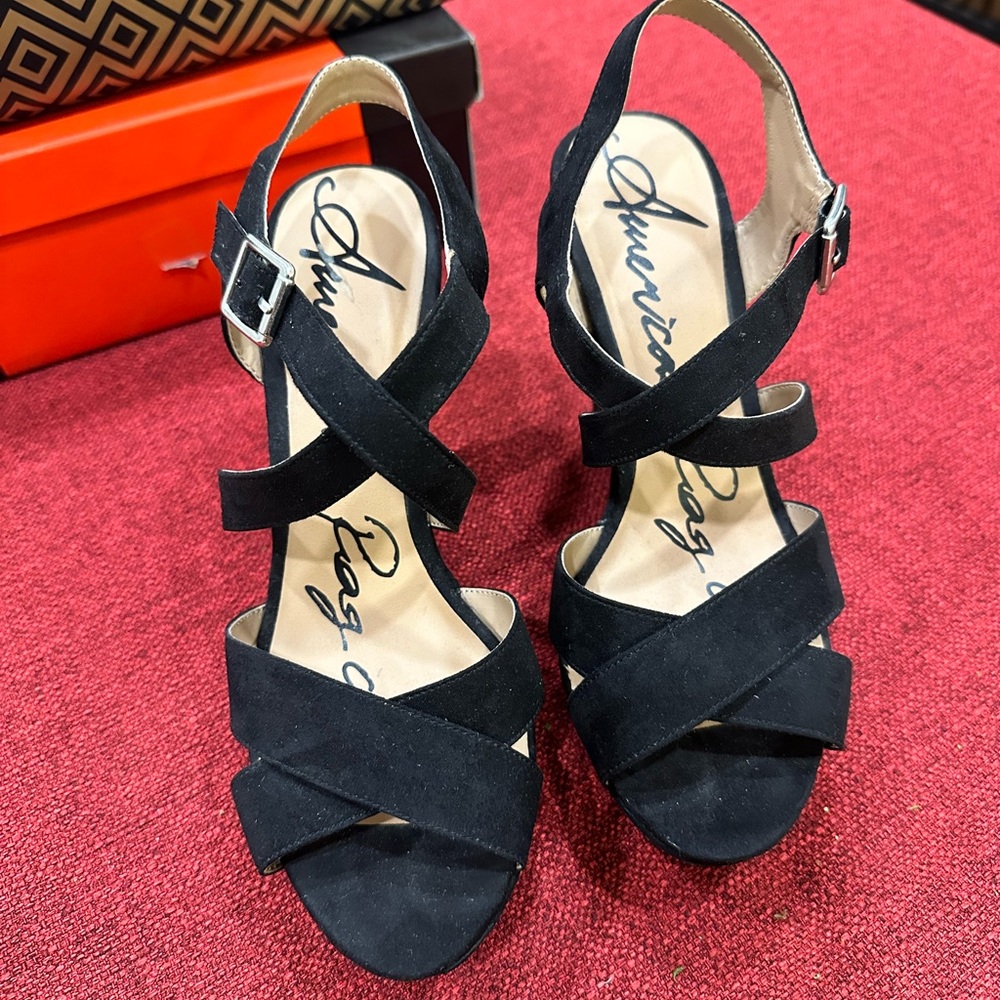 American Rag Black Crisscross Suede Slingback Heels